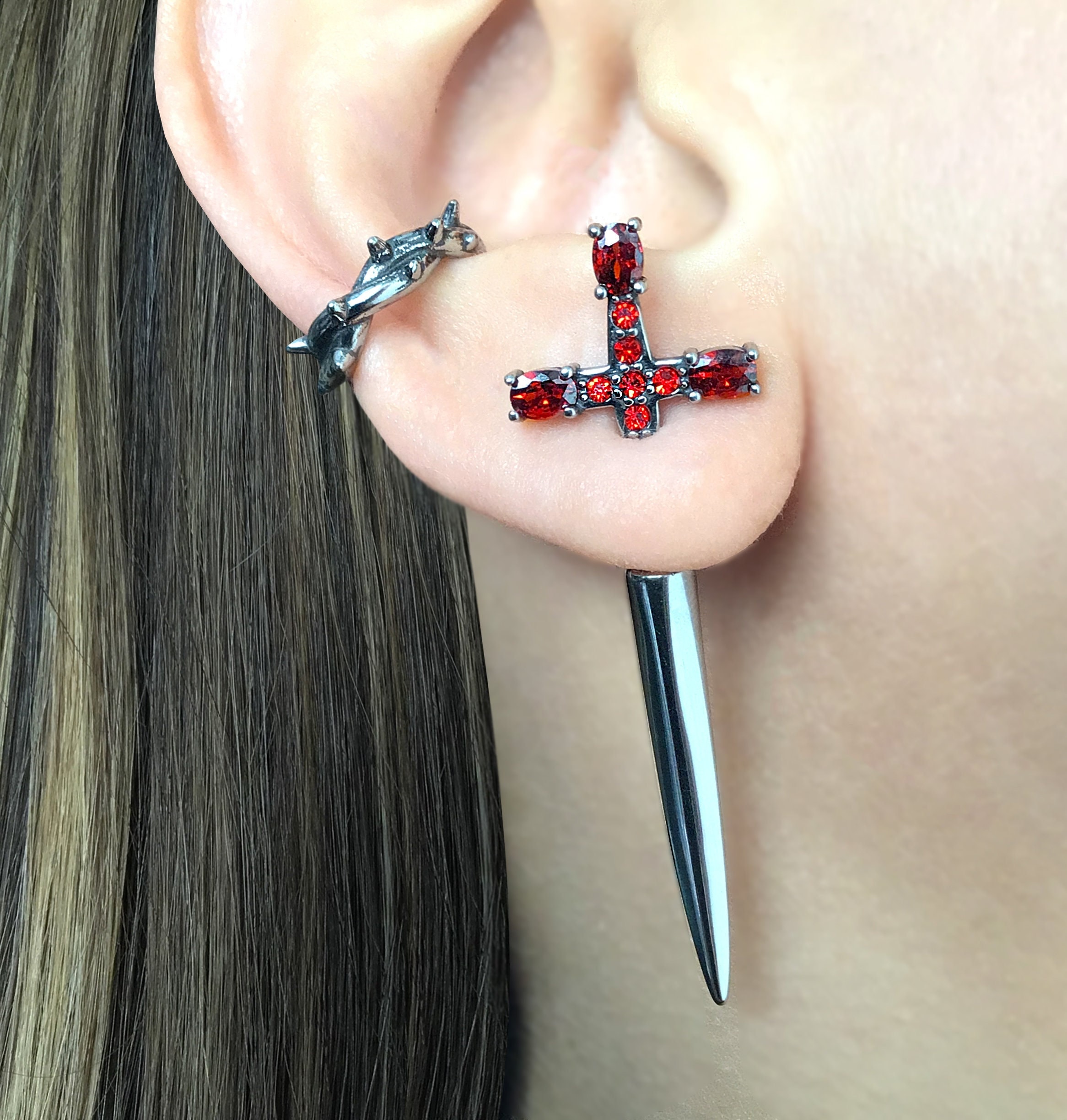 Ruby Red Sword Earrings Black Sword Dagger Earrings Front