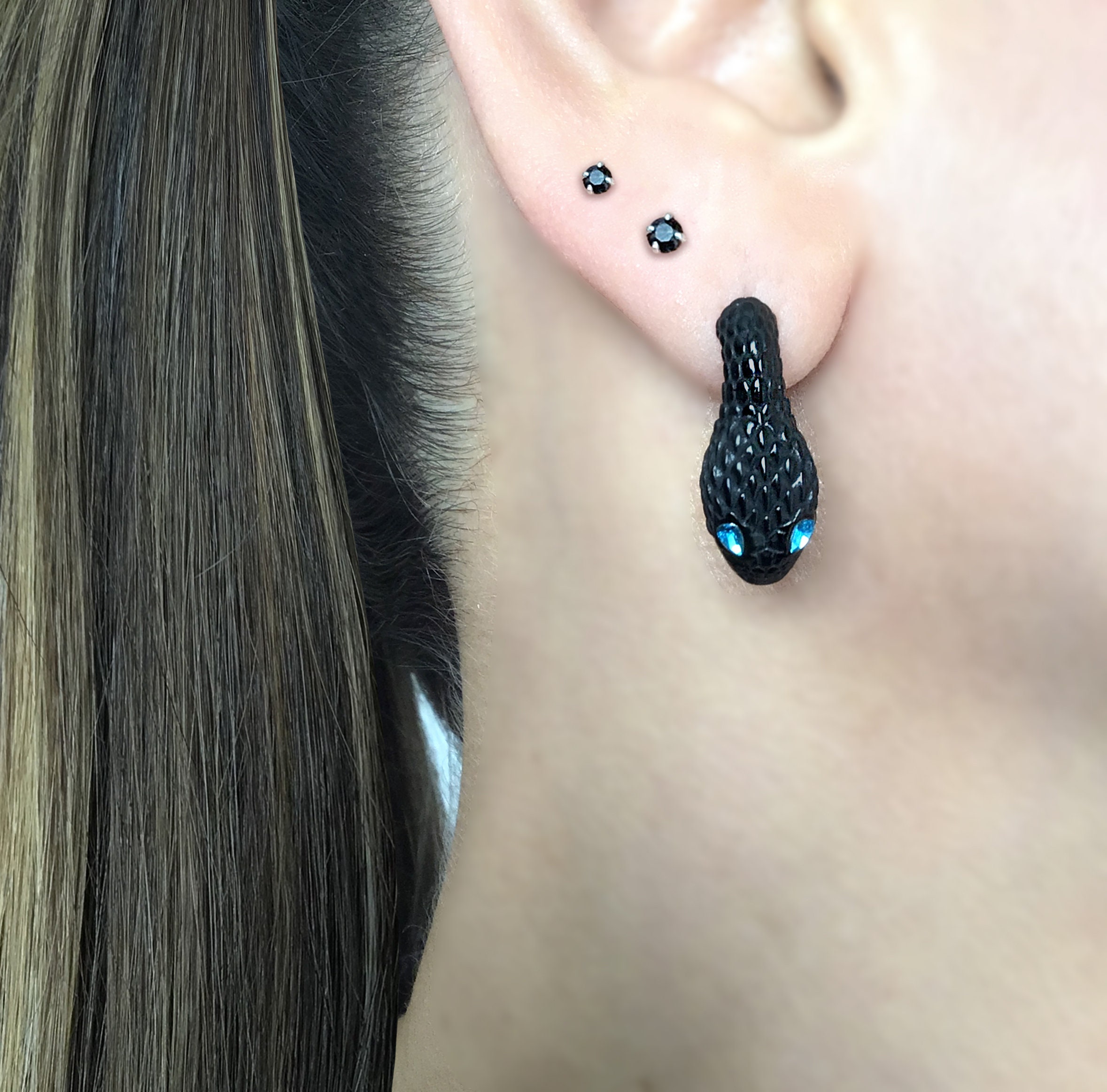 Snake Ear Jacket With Aquamarine Eyes, Front Back Studs, Gothic 