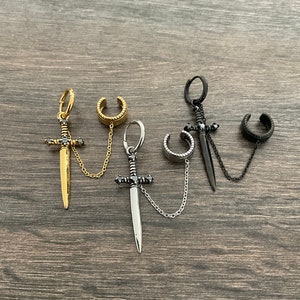 Sword earring with Ear cuff , dagger earring, sword hoop earring, hoop with cuff, gothic earring, ear cuff, earring with ear cuff, sword image 8