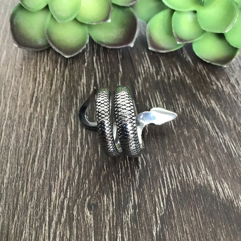 May include: A silver snake ring with a textured, scaly design. The ring is coiled and the snake's head is raised.