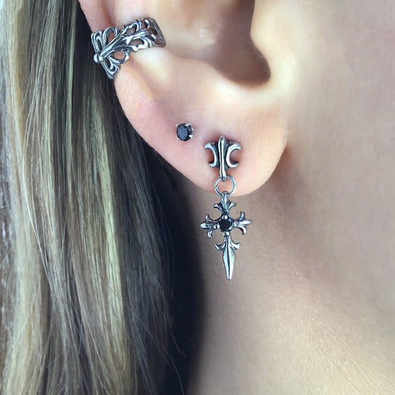 Stainless Steel Cross Dagger Stud Earrings, Gothic Biker Jewelry