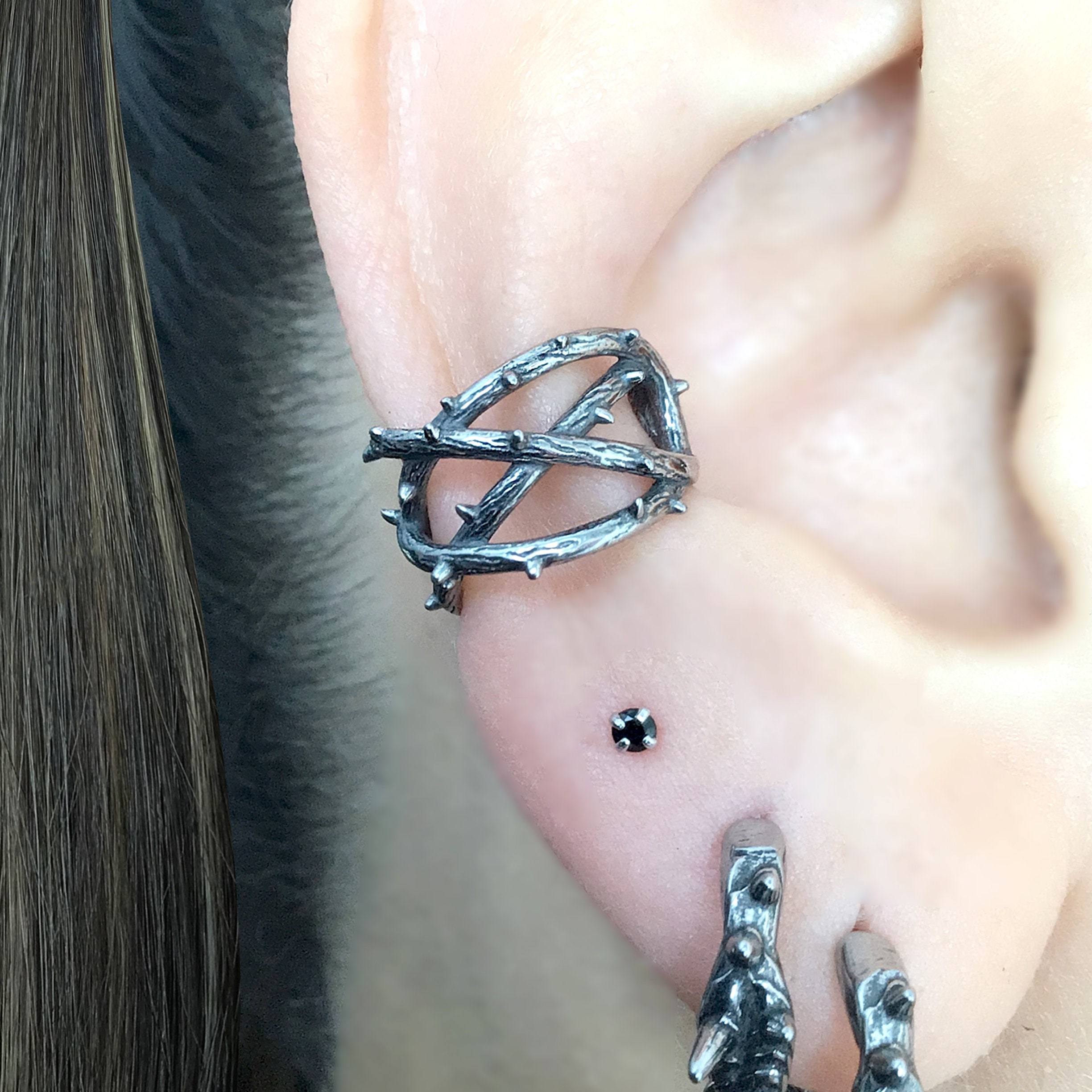 Thorns Ear Cuff, No Piercing Earring, Gothic Stainless Steel 