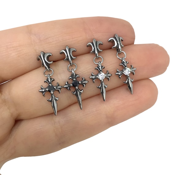Oxidized Stainless Steel Cross Stud Earrings: Gothic Fleur De Lis
