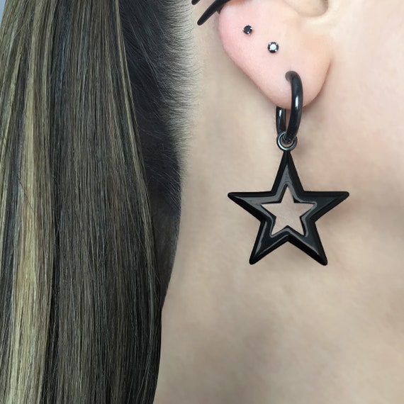 Star Hoop Earrings, Stainless Steel Celestial Jewelry, Black Hoops