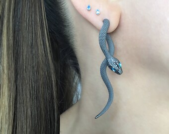 Snake Ear Jacket With Aquamarine Eyes, Front Back Studs, Gothic