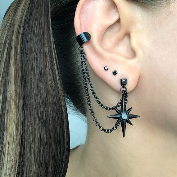 Starburst Earrings With Ear Cuff ,starburst Earrings, Black
