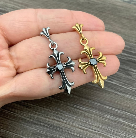 Fleur De Lis Cross Stud Earrings, Gothic Stainless Steel, Black CZ
