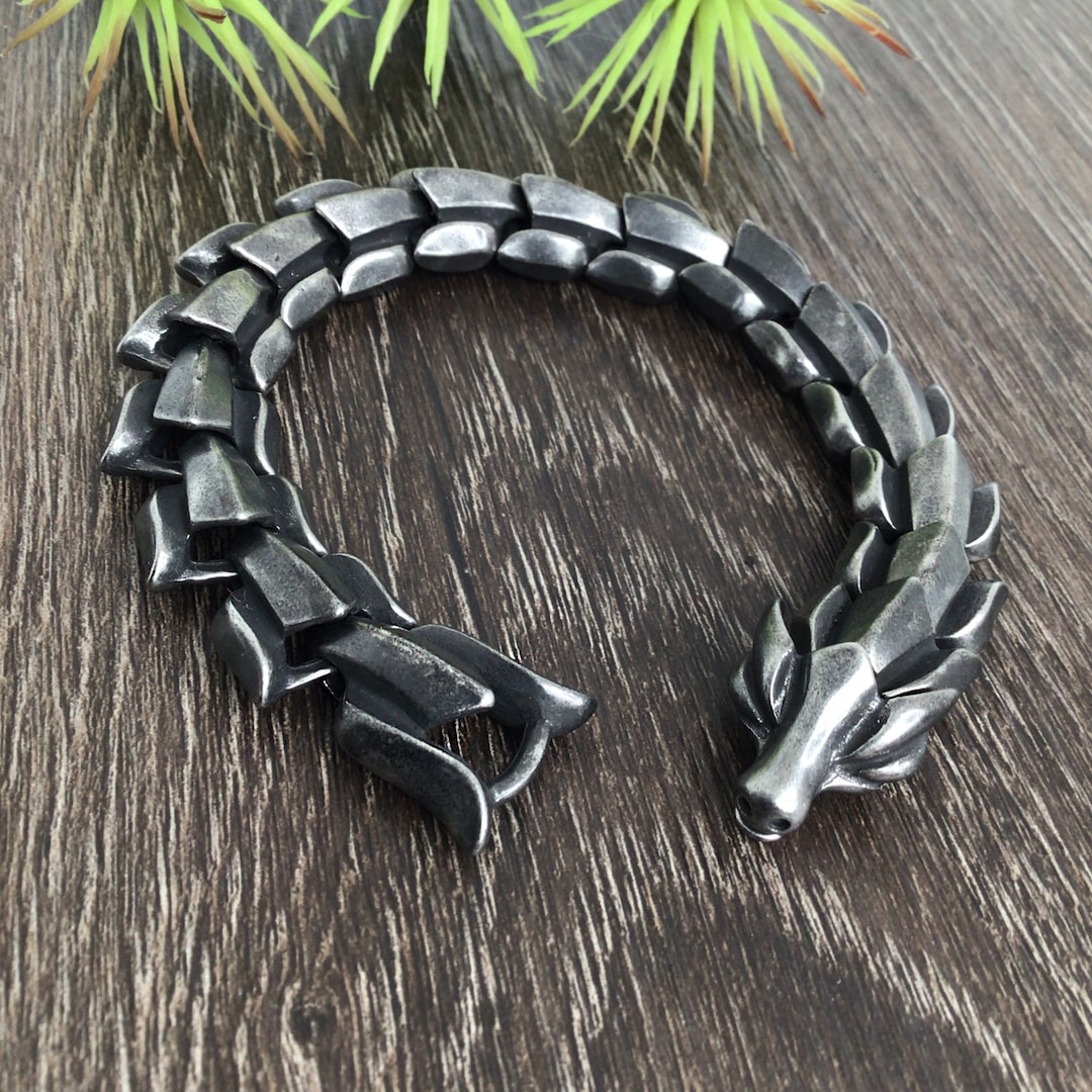 BaBakiak Men's Braided Cuff Bracelet - Stainless Steel Dragon Scale Design, Gothic Punk Jewelry, Adjustable Open Cuff Bangle, Hypoallergenic