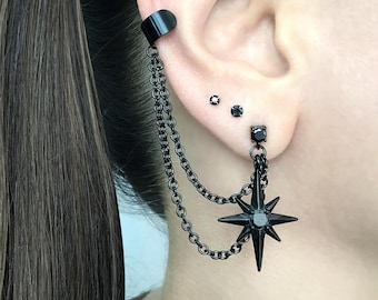 Boucles d'oreilles étoile avec manchette, boucles d'oreilles étoile, boucles d'oreilles noires, boucles d'oreilles gothiques, boucle d'oreille avec manchette, manchette avec boucles d'oreilles, étoile du Nord