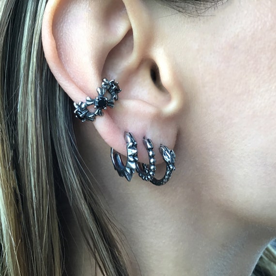 Flower With Black Stones Ear Cuff Flower Ear Cuff Gothic Ear