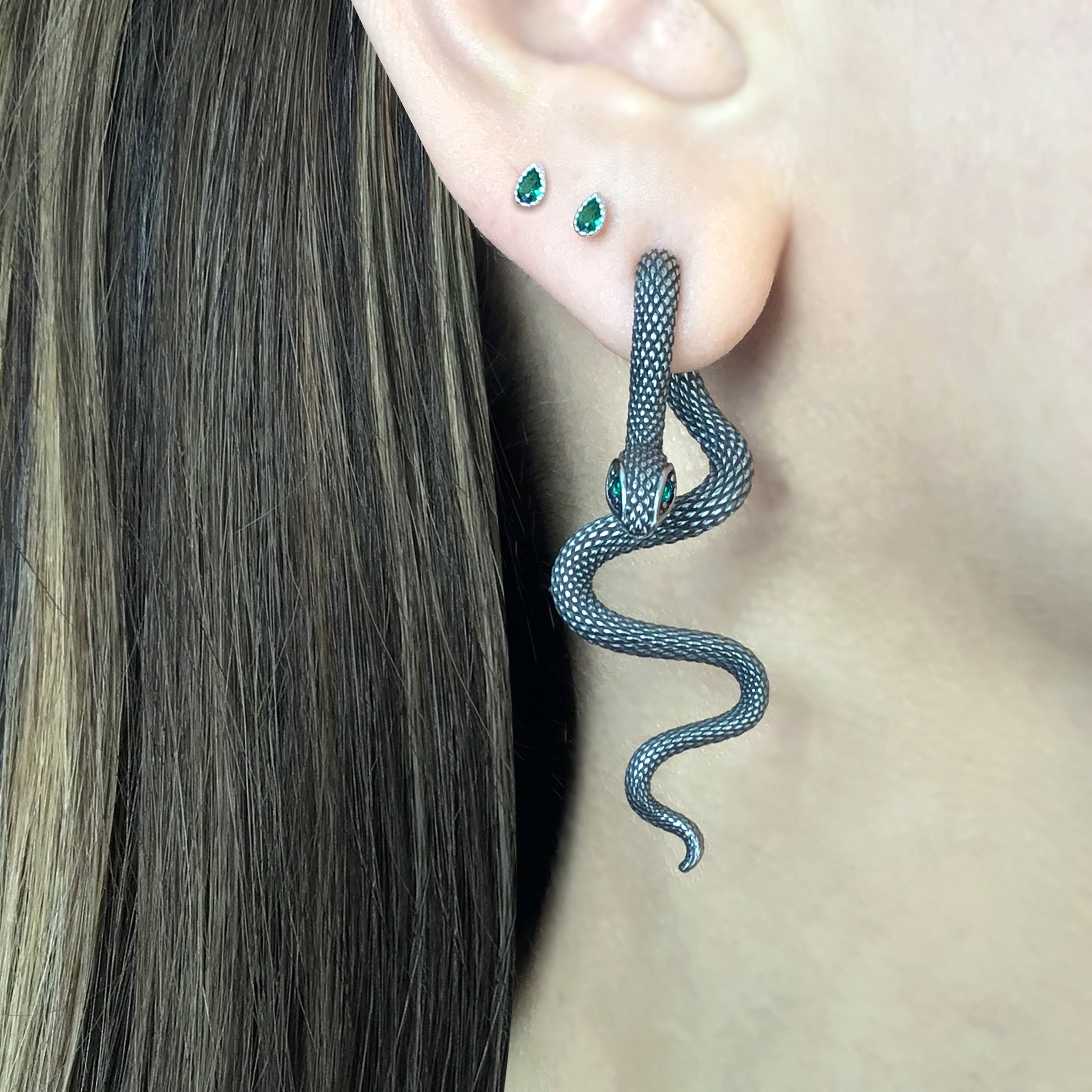 Emerald Eyes Snake Earrings, Front Back Earrings, Snake Earrings
