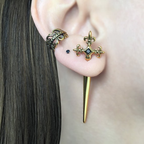 Sword earrings, dagger earrings, Fleur de lis sword earrings, Front back earrings, ear jacket, sword ear jacket, Gothic earrings
