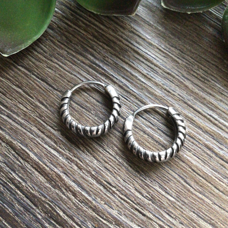 May include: A pair of silver hoop earrings with a twisted design. The earrings are small and delicate.