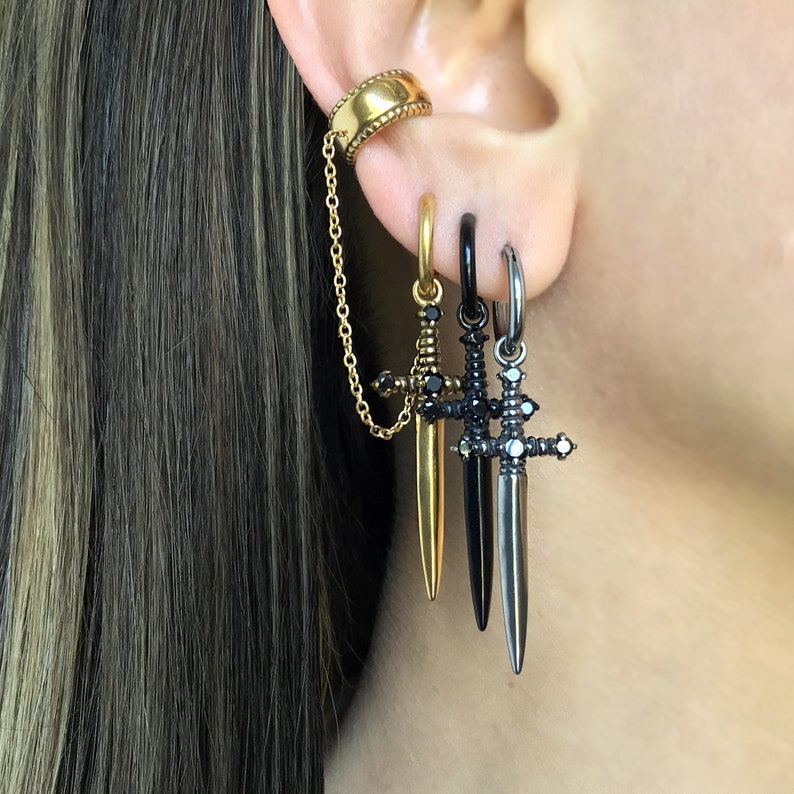 Sword earring with Ear cuff , dagger earring, sword hoop earring, hoop with cuff, gothic earring, ear cuff, earring with ear cuff, sword image 4