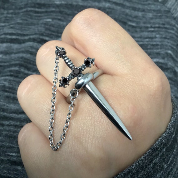 Sword ring, Dagger  ring, Onyx  sword jewelry, gothic ring, gothic jewelry, black  CZ sword ring, stainless steel sword ring
