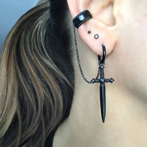 Sword earring with Ear cuff , dagger earring, sword hoop earring, hoop with cuff, gothic earring, ear cuff, earring with ear cuff, sword image 9