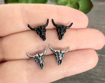 Cow skull earrings bull skull studs Gothic earrings black skull black earrings gothic jewelry small studs mens earrings