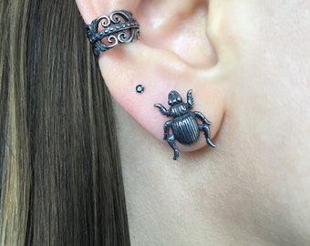 Beetle Stud Earrings, Gothic Bug Jewelry,Oxidized Stainless Steel