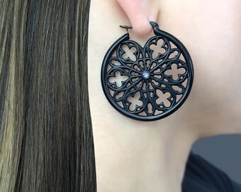 Gothic Hoop Earrings With Lilac CZ, Hoop Earrings, Large
