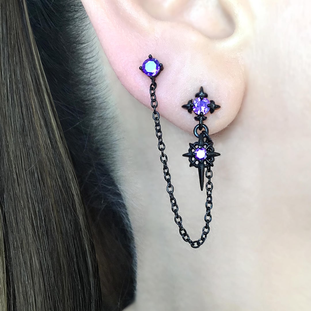 Purple Crystal Double Piercing Chain Earring: Gothic Starburst Stainless Steel Stud - Etsy Japan