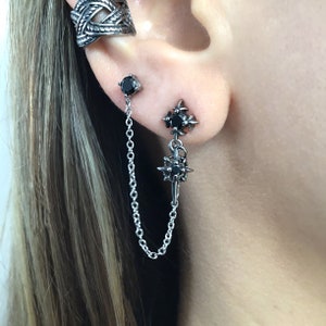 Double piercing earring,Starburst earring,  black stud earring, stainless steel earring, double stud, black  stud, gothic earring