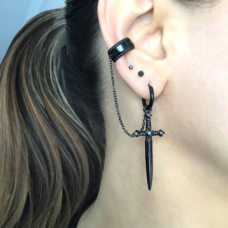 Sword earring with Ear cuff , dagger earring, sword hoop earring, hoop with cuff, gothic earring, ear cuff, earring with ear cuff, sword image 1