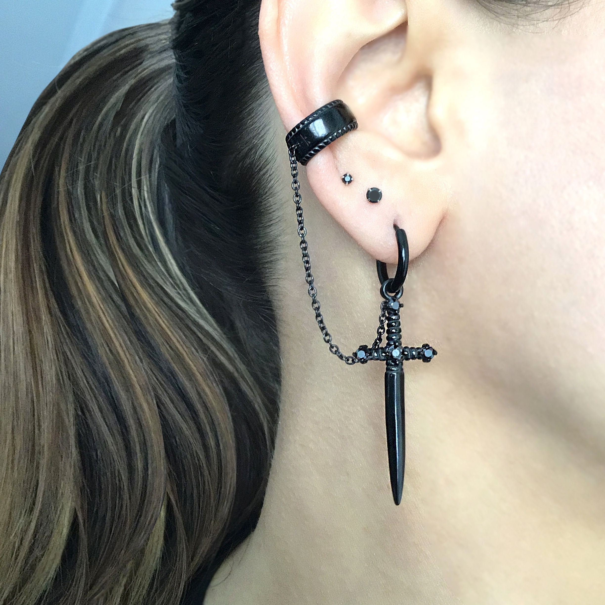 Sword Earring With Ear Cuff , Dagger Earring, Sword Hoop