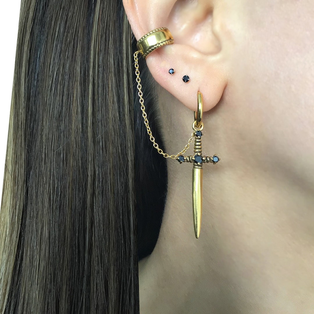 Sword Earring With Ear Cuff , Dagger Earring, Sword Hoop Earring, Hoop
