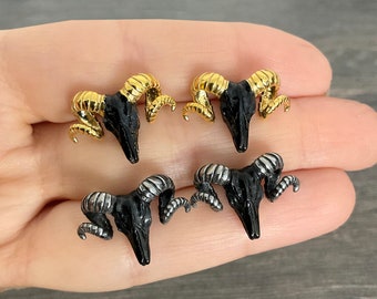 Ram's skull earrings, skull studs, Gothic earrings, gothic studs, animal skull earrings, black earrings, ram skull earrings, mens earrings