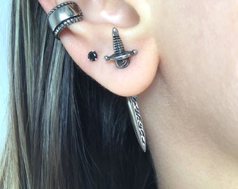 Boucles d'oreilles gothiques en acier inoxydable, cache oreille devant et derrière