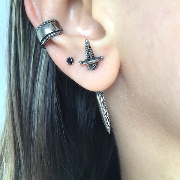 Sword earrings, Front back earrings, stainless steel earrings, gothic jewelry, ear jacket, sword ear jacket, dagger earrings