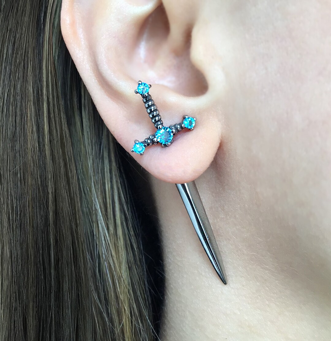 Aquamarine CZ Sword Ear Jacket, Stainless Steel Dagger Earrings - Etsy