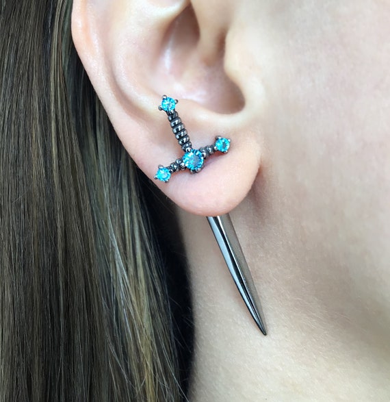 Aquamarine Sword Earrings Dagger Earrings Front Back Earrings
