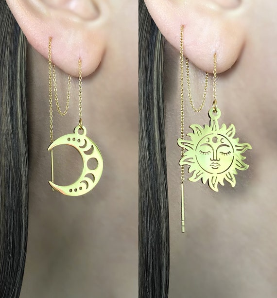 Sun and Moon Threader Earrings sun Earrings Chain Earrings Moon