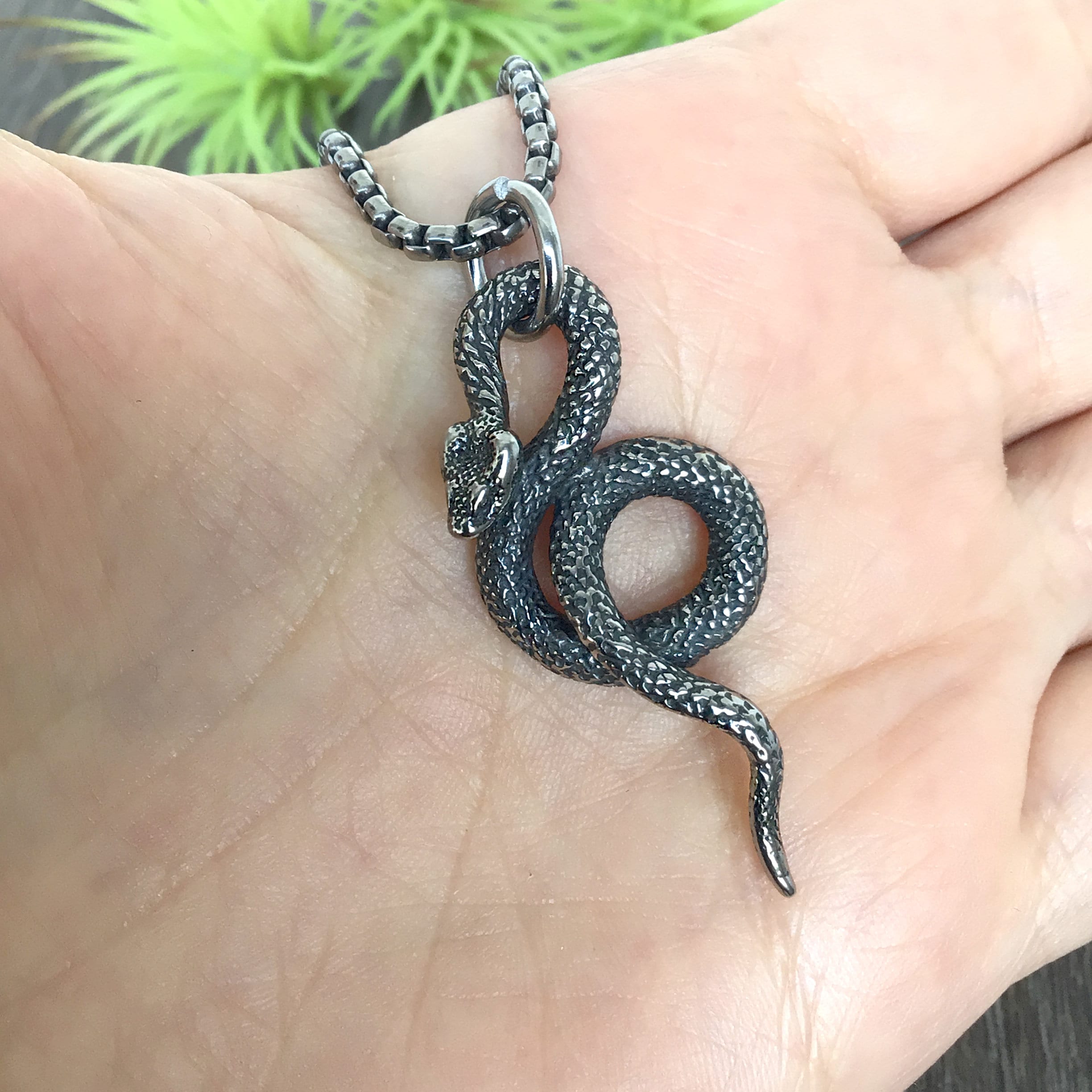 Snake Pendant Necklace, Unisex Serpent Jewelry, Stainless Steel