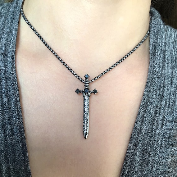 Sword Pendant Necklace With Black CZ and Ornate Blade, Unisex
