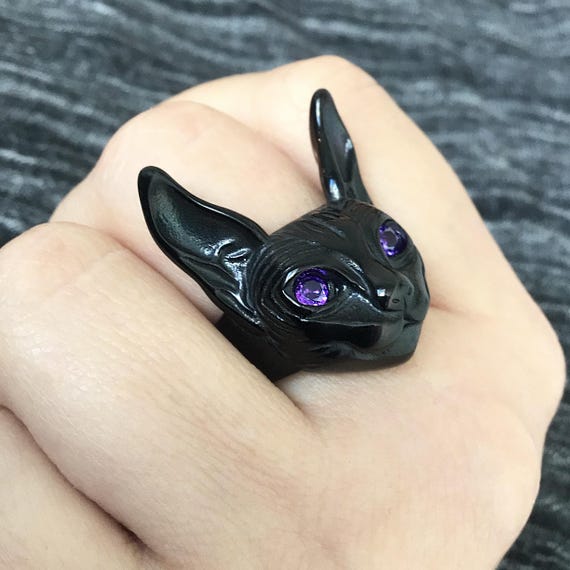Sphinx Cat Ring , Sphinx Cat With Purple Ears Statement Ring