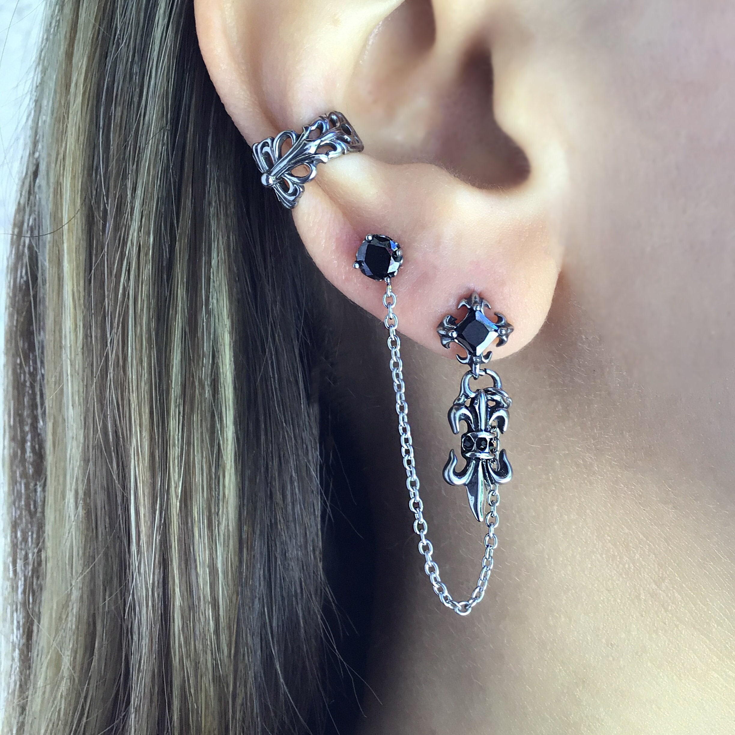 Double piercing earring, Single earring, black stud earring, earring, double stud, fleur-de-lis earring, black earring, gothic earring
