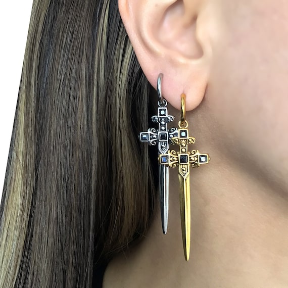 Crusader Sword Hoop Earrings, Gothic Dagger Cross, Stainless Steel jewelry
