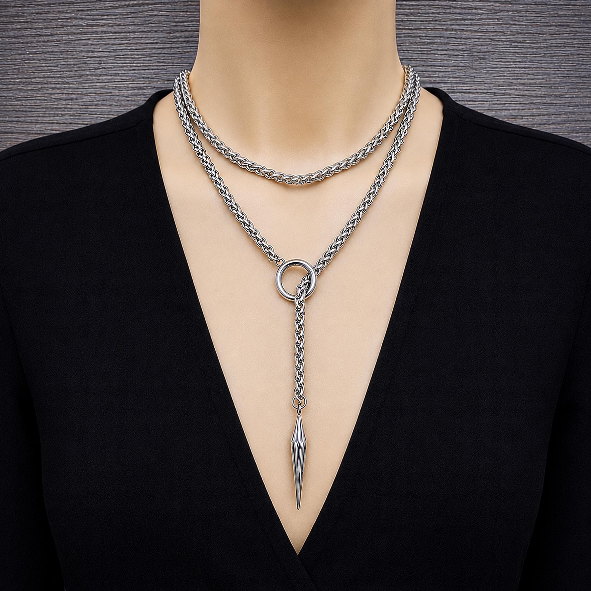 Adjustable Foxtail Chain Lariat Necklace , Stainless Steel Wrap