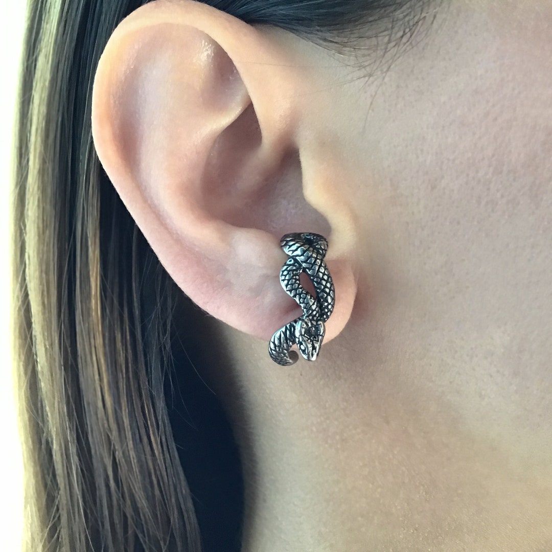 Snake Fake Gauge Earrings Gothic Serpent Halloween Jewelry Carved Black Cow Horn