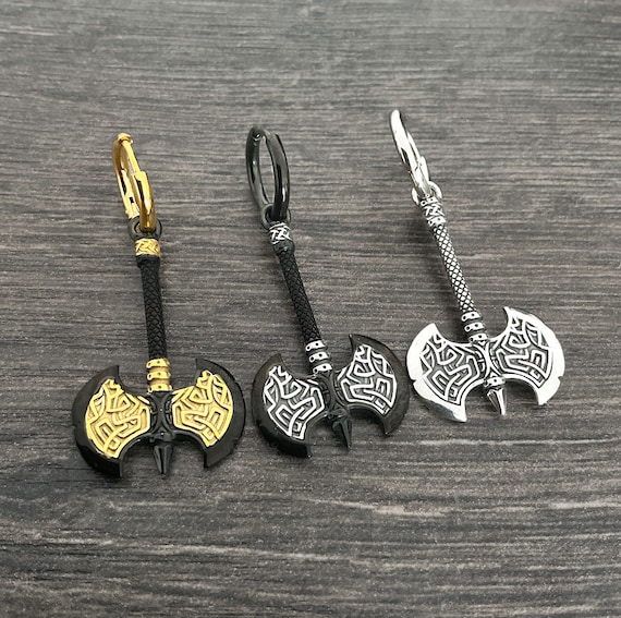 Celtic double axe hoop earrings, Axe hoop earrings ,Axe earrings, hoop earrings, Celtic jewelry, mens hoops, viking axe, black hoop,