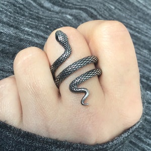 Puede incluir: Un anillo de serpiente de plata con un dise&ntilde;o detallado. La serpiente est&aacute; envuelta alrededor del dedo y la cola est&aacute; enroscada.