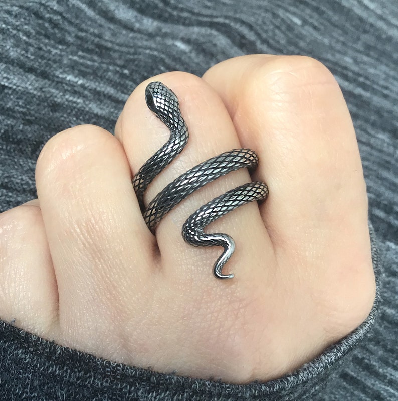 Puede incluir: Un anillo de serpiente de plata con un dise&ntilde;o detallado. La serpiente est&aacute; envuelta alrededor del dedo y la cola est&aacute; enroscada.