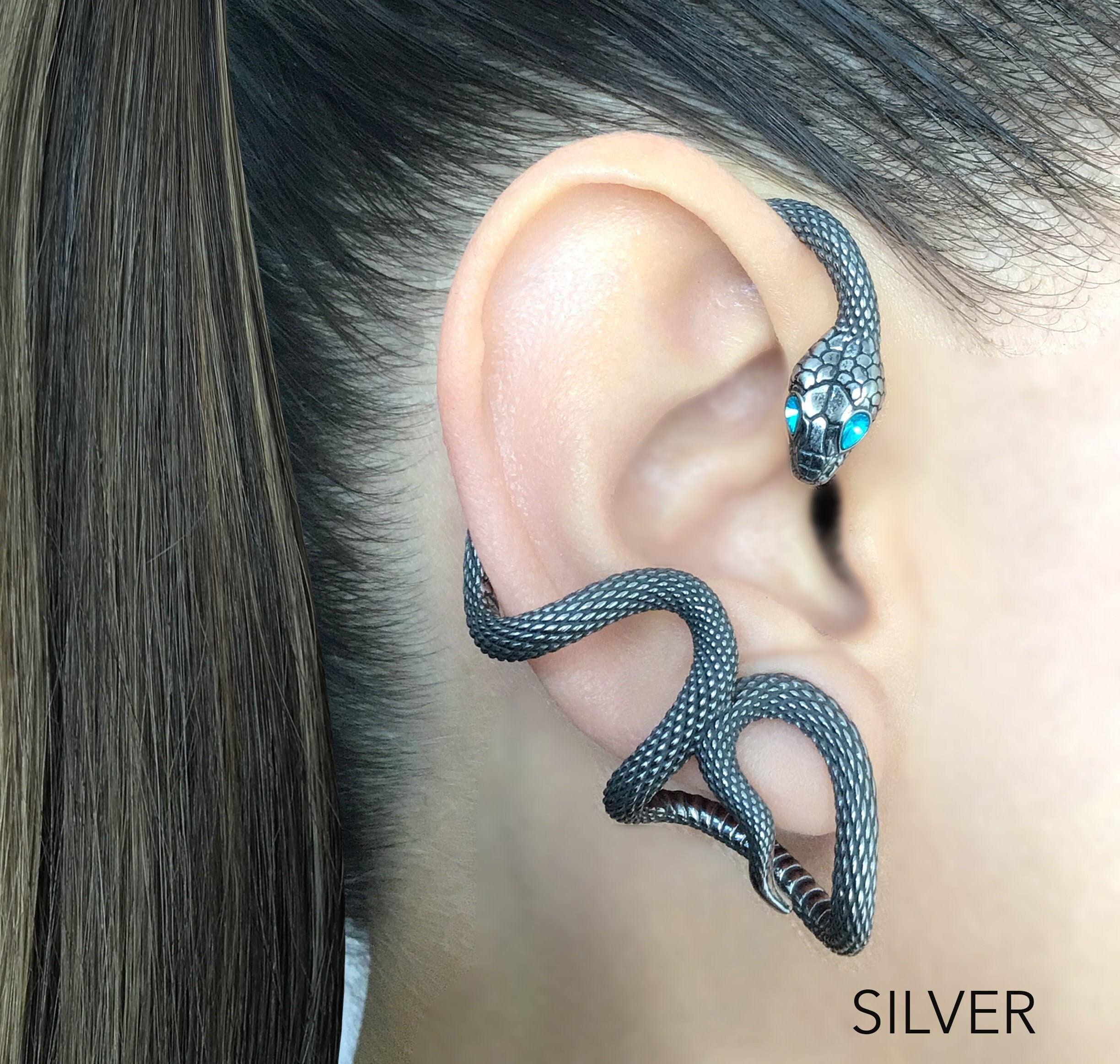 Snake Ear Wrap With Aquamarine Eyes, Serpent Earring,gothic