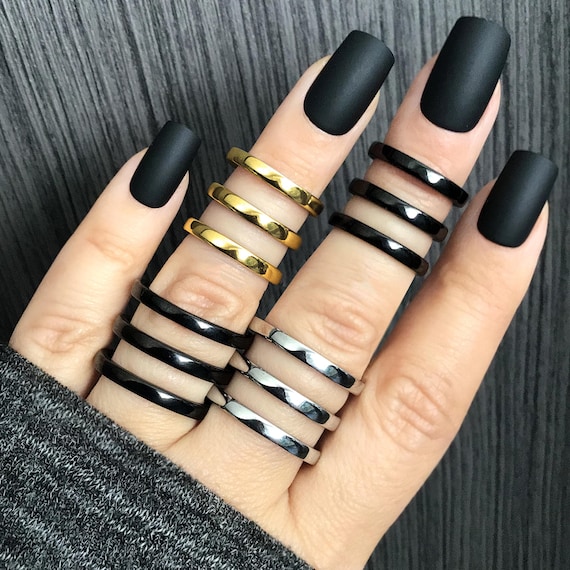 Triple row wide ring, Black ring, knuckle ring, Silver ring, Gothic ring, men's ring, matching rings, tree row ring