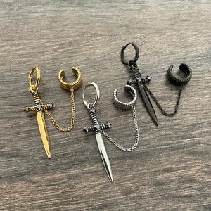 Sword earring with Ear cuff , dagger earring, sword hoop earring, hoop with cuff, gothic earring, ear cuff, earring with ear cuff, sword image 7