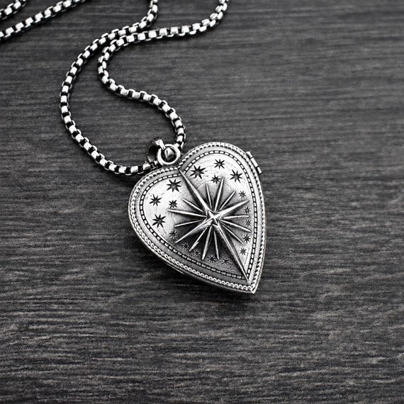 Heart Locket Necklace , North Star Heart Locket pendant, Unisex Stainless steel jewelry