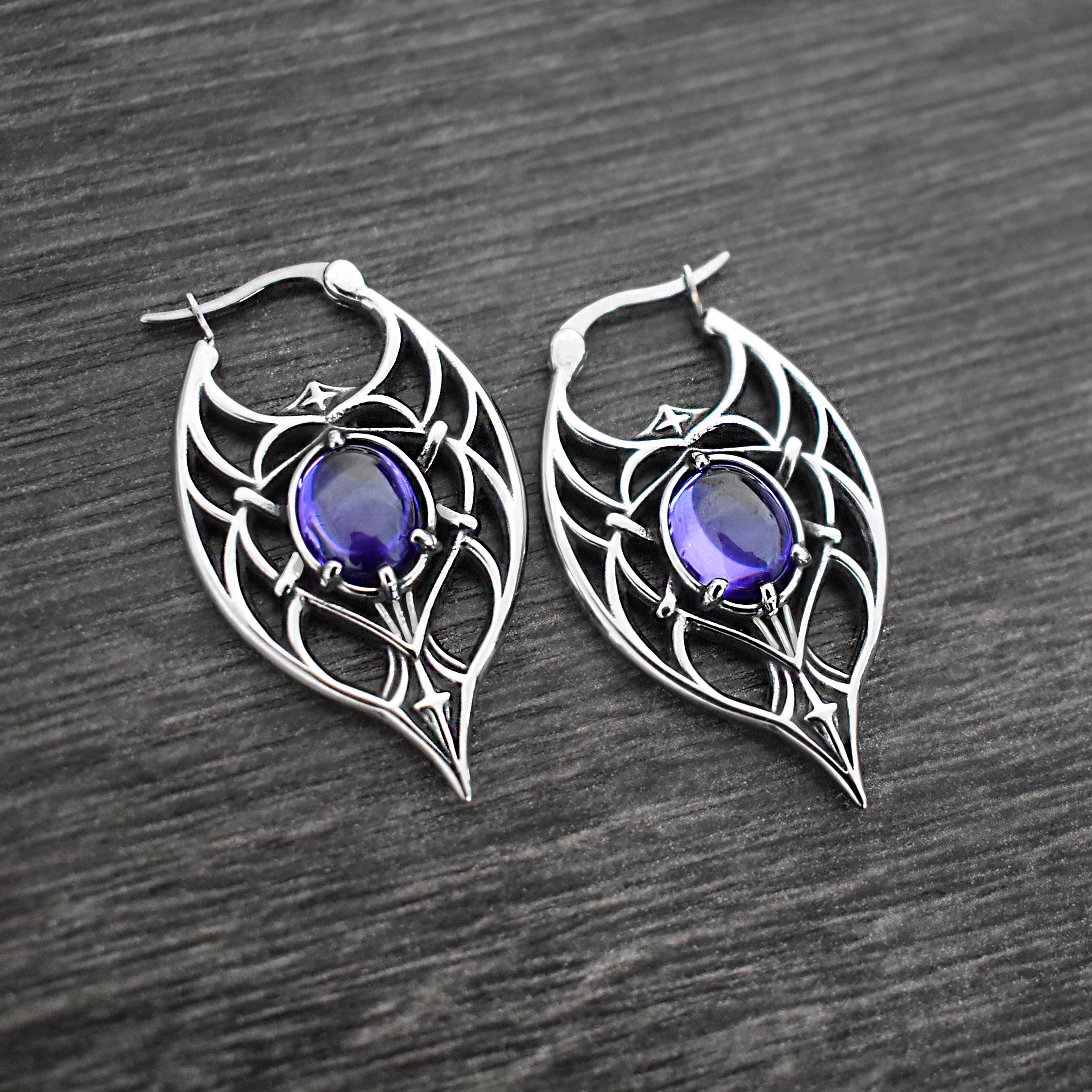 Gothic Ornate Hoop Earrings with Oval Gemstone, Goth hoop earrings, gold hoops, red stone, purple stone jewelry, cathedral hoops