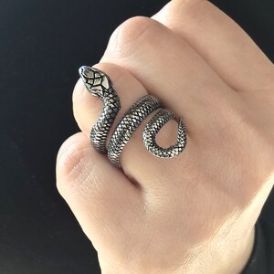 May include: A silver snake ring with a detailed textured design. The snake is coiled around the finger and the head is facing forward.